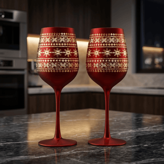 Crystal Stemmed Christmas Wine Glasses Goblets Set Of 2 Vibrant Themed Red Gold Etched Winter Snow W - Boutique Bella Bella