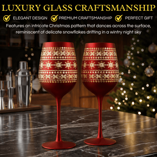 Crystal Stemmed Christmas Wine Glasses Goblets Set Of 2 Vibrant Themed Red Gold Etched Winter Snow W - Boutique Bella Bella
