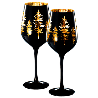 Crystal Winter Trees Black Gold Stemmed Wine Glasses Set Of 2 Glass Colored Vibrant Black Gold Etche - Boutique Bella Bella