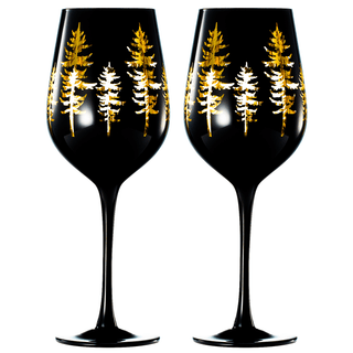 Crystal Winter Trees Black Gold Stemmed Wine Glasses Set Of 2 Glass Colored Vibrant Black Gold Etche - Boutique Bella Bella