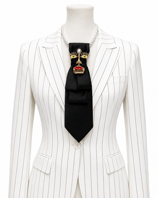 Custom Necktie Necklace-Black Satin w Designer Face Brooch - Boutique Bella BellaNecklace