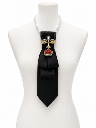 Custom Necktie Necklace-Black Satin w Designer Face Brooch - Boutique Bella BellaNecklace