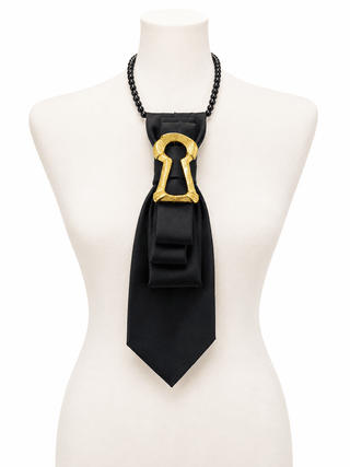 Custom Necktie Necklace-Black Satin w Keyhole Brooch - Boutique Bella BellaNecklace