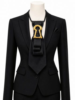 Custom Necktie Necklace-Black Satin w Keyhole Brooch - Boutique Bella BellaNecklace