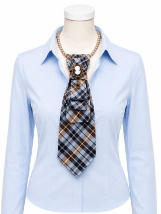 Custom Necktie Necklace - Blue and Brown Plaid w Cameo Brooch - Boutique Bella BellaNecklace