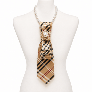 Custom Necktie Necklace-Khaki/Red Plaid w Pearl Brooch - Boutique Bella BellaNecklace