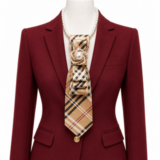 Custom Necktie Necklace-Khaki/Red Plaid w Pearl Brooch - Boutique Bella BellaNecklace