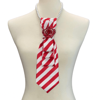 Custom Necktie Necklace-Red/White Stripe w Crown Brooch - Boutique Bella BellaNecklace