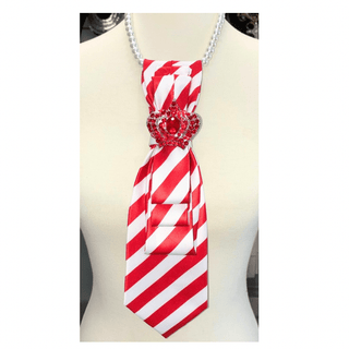 Custom Necktie Necklace-Red/White Stripe w Crown Brooch - Boutique Bella BellaNecklace