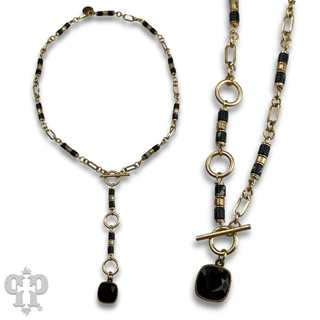 Cylinder stone linked bead with toggle closure and Austrian crystal necklace - LC - Boutique Bella BellaNecklaces
