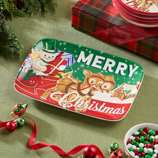 Santa's Retro Christmas Rectagular Platter 14 X 10in