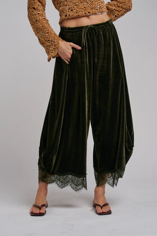 Velvet Lace Hem Balloon Pants - Olive