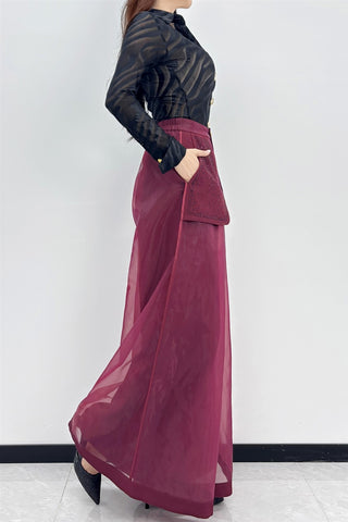 Organza Wide Leg Pants W/Embellished Pockets - Berry Purple