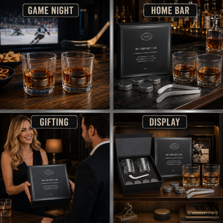 Hockey Whiskey Stones Set 7pcs 4 Hockey Puck Chill Stones With Cooling Gel Hockey Stick Tongs 2 Clas