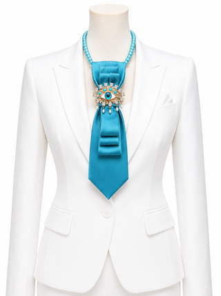 Custom Necktie Necklace - Teal w Designer Eye Brooch