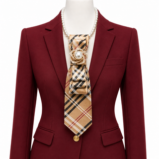 Custom Necktie Necklace-Khaki/Red Plaid w Pearl Brooch