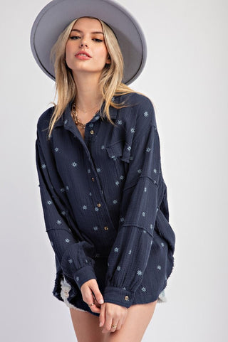 DAISY FLORAL EMBO COTTON GAUZE SHIRT - Boutique Bella BellaTops