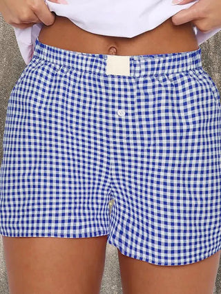 Dark Blue High Waist Plaid Boxer Style Shorts - Boutique Bella BellaShorts