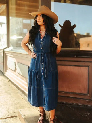 Dark Denim Wash Button Down Sleeveless Dress - Boutique Bella BellaDenim Dress