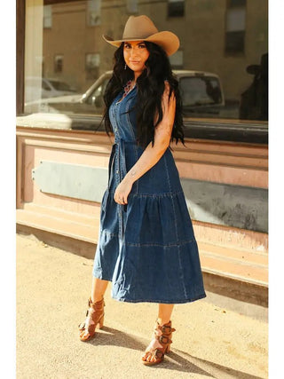 Dark Denim Wash Button Down Sleeveless Dress - Boutique Bella BellaDenim Dress