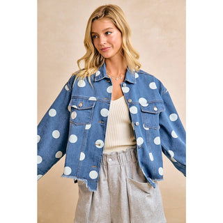 POLKA DOT CROPPED DENIM JACKET WITH FRAYED HEM BUTTON