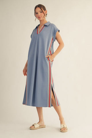 Denim Color Band Trim Midi Dress - Boutique Bella BellaDress