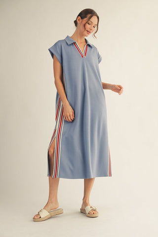 Denim Color Band Trim Midi Dress - Boutique Bella BellaDress