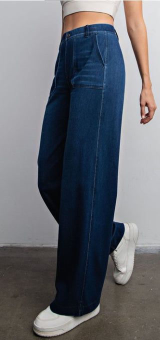 DENIM COTTON STRETCH TWILL WIDE LEG PANT - Boutique Bella BellaJeans