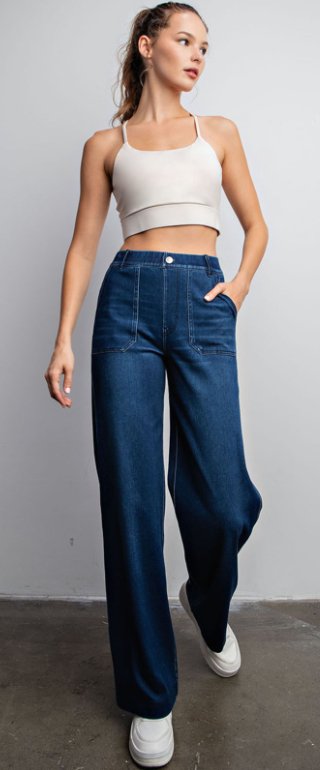 DENIM COTTON STRETCH TWILL WIDE LEG PANT - Boutique Bella BellaJeans