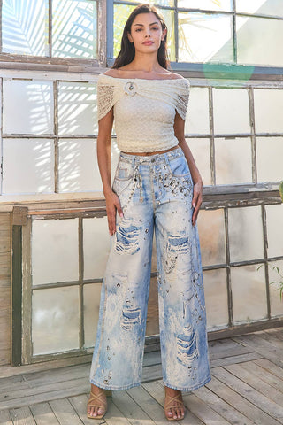 Denim Effect Wide Leg Pants - Boutique Bella BellaJeans