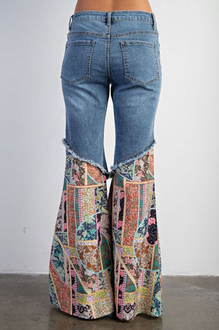 Denim Floral Bell Bottom Jeans - Boutique Bella BellaJeans