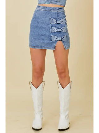 Denim Mini Slit Skirt w/ Bows - Boutique Bella BellaSkirt