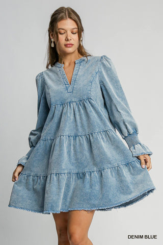 Denim Stone Wash V - Neck Dress - Boutique Bella BellaDress