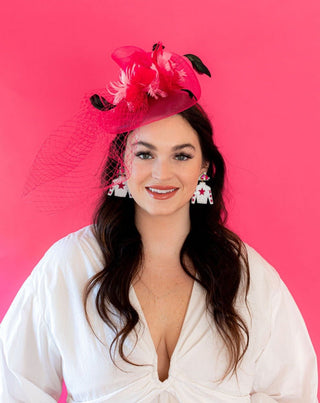Derby Jersey Silk Earrings- White with Pink Star - Boutique Bella BellaDistress