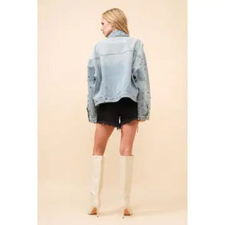 Distressed Jewel Embellish Stone Denim Jacket - Boutique Bella BellaDenim Jacket