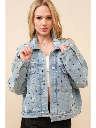Distressed Jewel Embellish Stone Denim Jacket - Boutique Bella BellaDenim Jacket