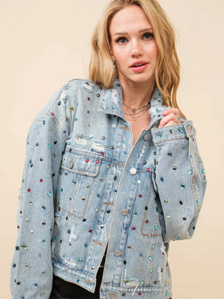 Distressed Jewel Embellish Stone Denim Jacket - Boutique Bella BellaDenim Jacket
