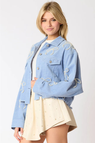 Dusty Blue Corduroy Pearl Bow Cropped Jacket - Boutique Bella BellaJacket