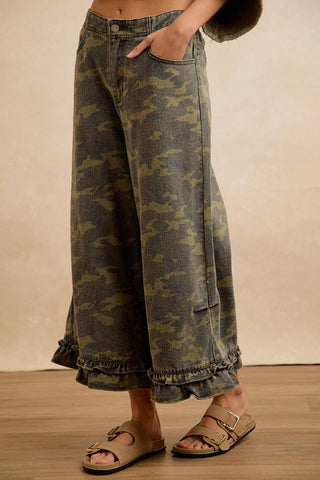 CAMOUFLAGE DENIM RUFFLED HEM MID RISE BLOOMER PANTS
