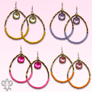 Square and seed bead teardrop earring, Austrian crystal - LC