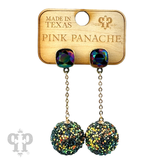 Glitter mesh bead and chain dangle earring with Austrian crystal - LC