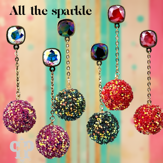 Glitter mesh bead and chain dangle earring with Austrian crystal - LC