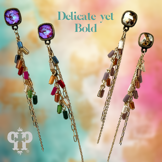 Chain and bead fringe earring, Austrian crystal - LC