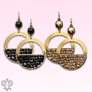 Gold beaded half circle and Austrian crystal dangle earring - LC