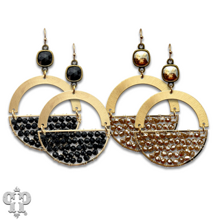 Gold beaded half circle and Austrian crystal dangle earring - LC