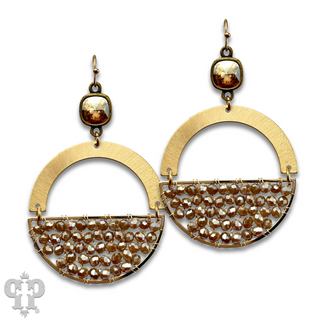 Gold beaded half circle and Austrian crystal dangle earring - LC