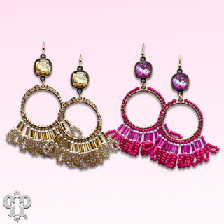 Faceted bead fringe and Austrian crystal dangle earring - LC