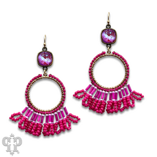 Faceted bead fringe and Austrian crystal dangle earring - LC