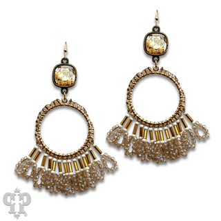 Faceted bead fringe and Austrian crystal dangle earring - LC