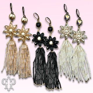 Flower and tassel chandelier statement earring, Austrian crystal - LC